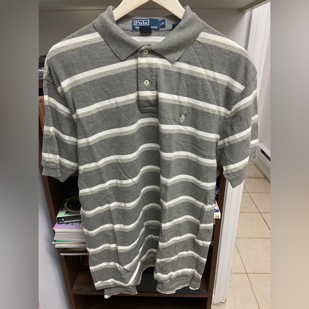 Polo Ralph Lauren Mens Polo Shirt Size Large Gray White Stripe Short Sleeve